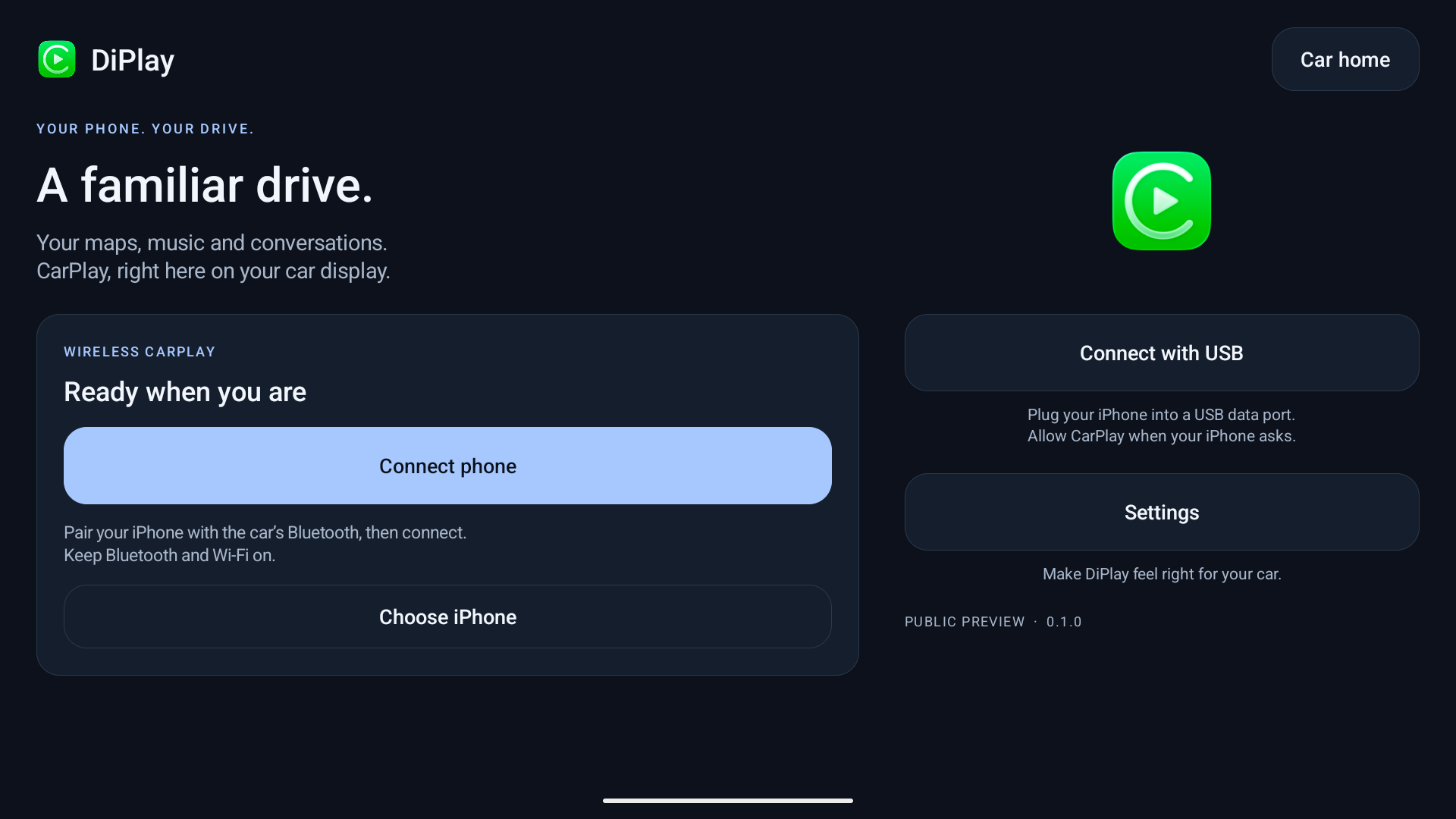 上游公开的 DiPlay 应用首页截图，包含无线连接与 USB 连接入口